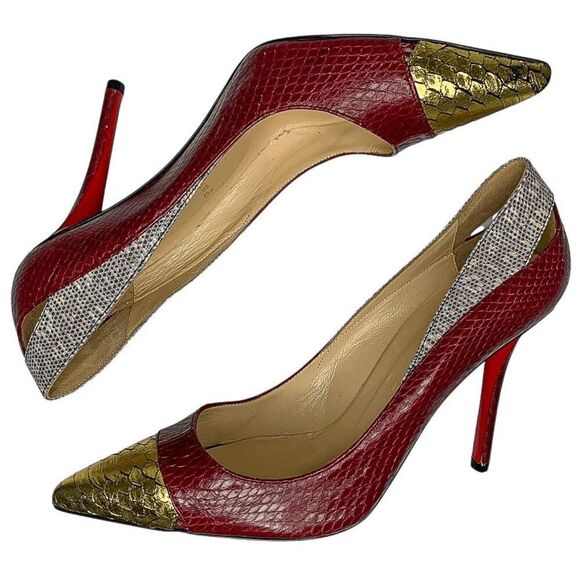 Christian Louboutin Snakeskin Embossed Cutout Pump EU 37.5 US 7.5 Red High Heels - Picture 7 of 12
